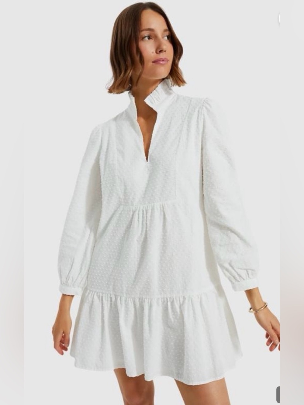 TUCKERNUCK - White Swiss Dot Tiered Cotton Long Puff Sleeve Dress Size S - Picture 3 of 16